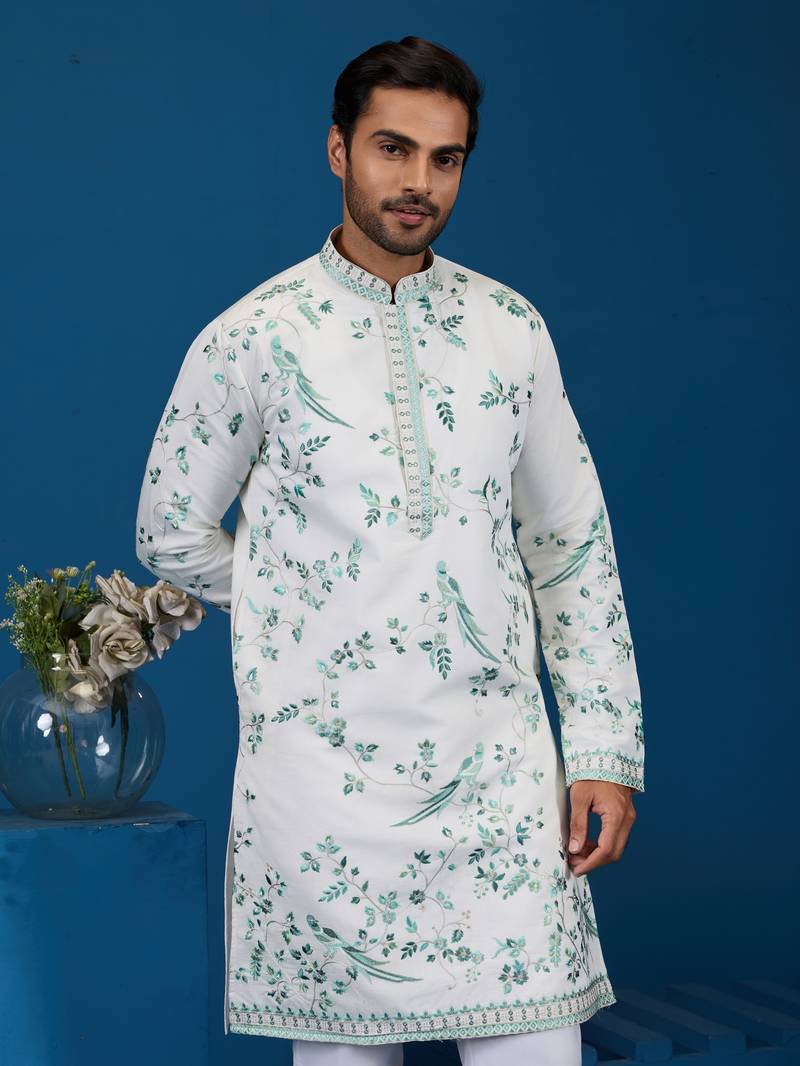 White turquoise viscose silk thread with sequins embroidered work wedding festival party wear straight kurta