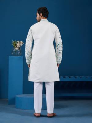 WHITE TURQUOISE VISCOSE SILK THREAD WITH SEQUINS EMBROIDERED WORK WEDDING FESTIVAL PARTY WEAR STRAIGHT KURTA 6