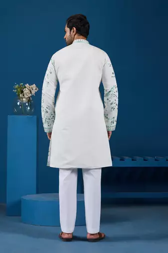 WHITE TURQUOISE VISCOSE SILK THREAD WITH SEQUINS EMBROIDERED WORK WEDDING FESTIVAL PARTY WEAR STRAIGHT KURTA