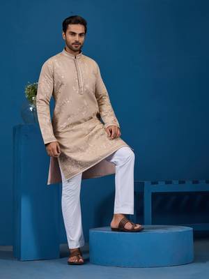 BEIGE VISCOSE SILK THREAD WITH SEQUINS EMBROIDERED WORK WEDDING FESTIVAL PARTY WEAR STRAIGHT KURTA 1