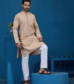 Beige viscose silk thread with sequins embroidered work wedding festival party wear straight kurta