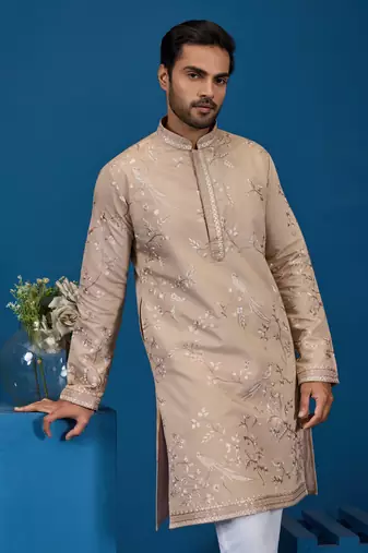 BEIGE VISCOSE SILK THREAD WITH SEQUINS EMBROIDERED WORK WEDDING FESTIVAL PARTY WEAR STRAIGHT KURTA