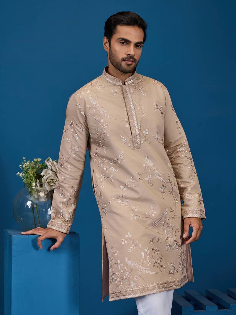 Beige viscose silk thread with sequins embroidered work wedding festival party wear straight kurta
