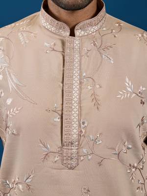 BEIGE VISCOSE SILK THREAD WITH SEQUINS EMBROIDERED WORK WEDDING FESTIVAL PARTY WEAR STRAIGHT KURTA 4