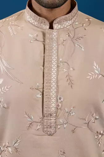 BEIGE VISCOSE SILK THREAD WITH SEQUINS EMBROIDERED WORK WEDDING FESTIVAL PARTY WEAR STRAIGHT KURTA