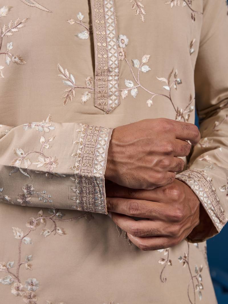 Beige viscose silk thread with sequins embroidered work wedding festival party wear straight kurta