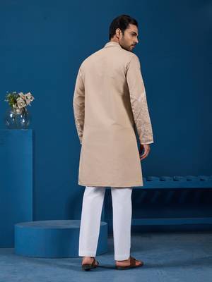 BEIGE VISCOSE SILK THREAD WITH SEQUINS EMBROIDERED WORK WEDDING FESTIVAL PARTY WEAR STRAIGHT KURTA 6