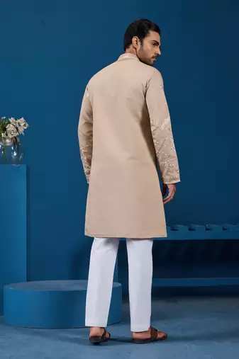 BEIGE VISCOSE SILK THREAD WITH SEQUINS EMBROIDERED WORK WEDDING FESTIVAL PARTY WEAR STRAIGHT KURTA