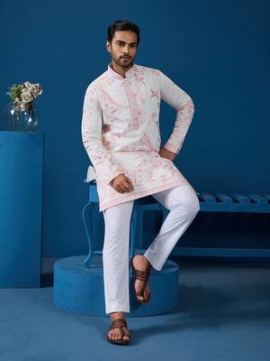WHITE PINK VISCOSE SILK THREAD WITH SEQUINS EMBROIDERED WORK WEDDING FESTIVAL PARTY WEAR STRAIGHT KURTA 1