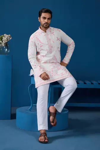 White pink viscose silk thread with sequins embroidered work wedding festival party wear straight kurta