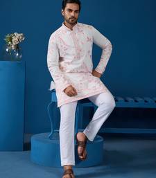 WHITE PINK VISCOSE SILK THREAD WITH SEQUINS EMBROIDERED WORK WEDDING FESTIVAL PARTY WEAR STRAIGHT KURTA