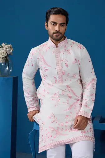WHITE PINK VISCOSE SILK THREAD WITH SEQUINS EMBROIDERED WORK WEDDING FESTIVAL PARTY WEAR STRAIGHT KURTA
