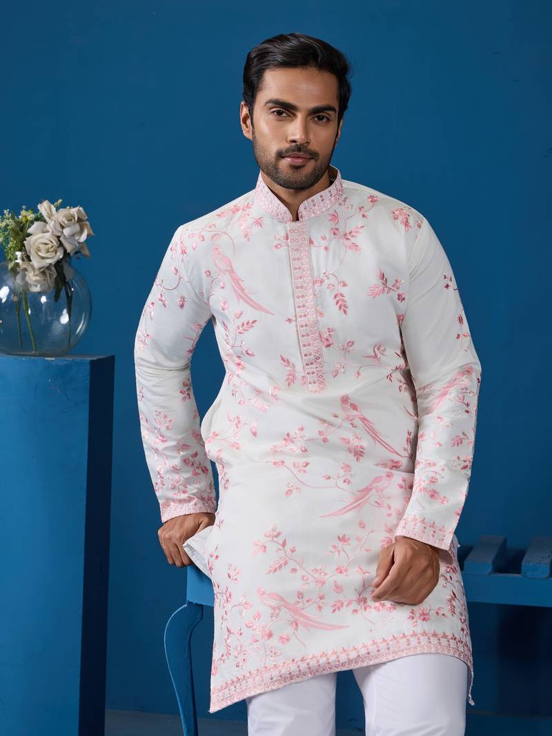 White pink viscose silk thread with sequins embroidered work wedding festival party wear straight kurta
