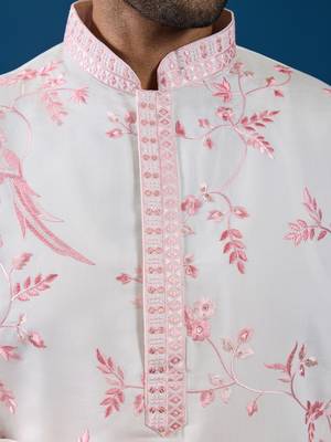 WHITE PINK VISCOSE SILK THREAD WITH SEQUINS EMBROIDERED WORK WEDDING FESTIVAL PARTY WEAR STRAIGHT KURTA 5