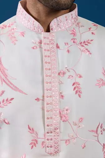 WHITE PINK VISCOSE SILK THREAD WITH SEQUINS EMBROIDERED WORK WEDDING FESTIVAL PARTY WEAR STRAIGHT KURTA