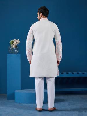 WHITE PINK VISCOSE SILK THREAD WITH SEQUINS EMBROIDERED WORK WEDDING FESTIVAL PARTY WEAR STRAIGHT KURTA 6