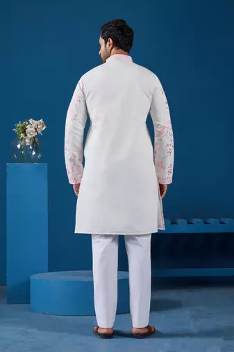 WHITE PINK VISCOSE SILK THREAD WITH SEQUINS EMBROIDERED WORK WEDDING FESTIVAL PARTY WEAR STRAIGHT KURTA