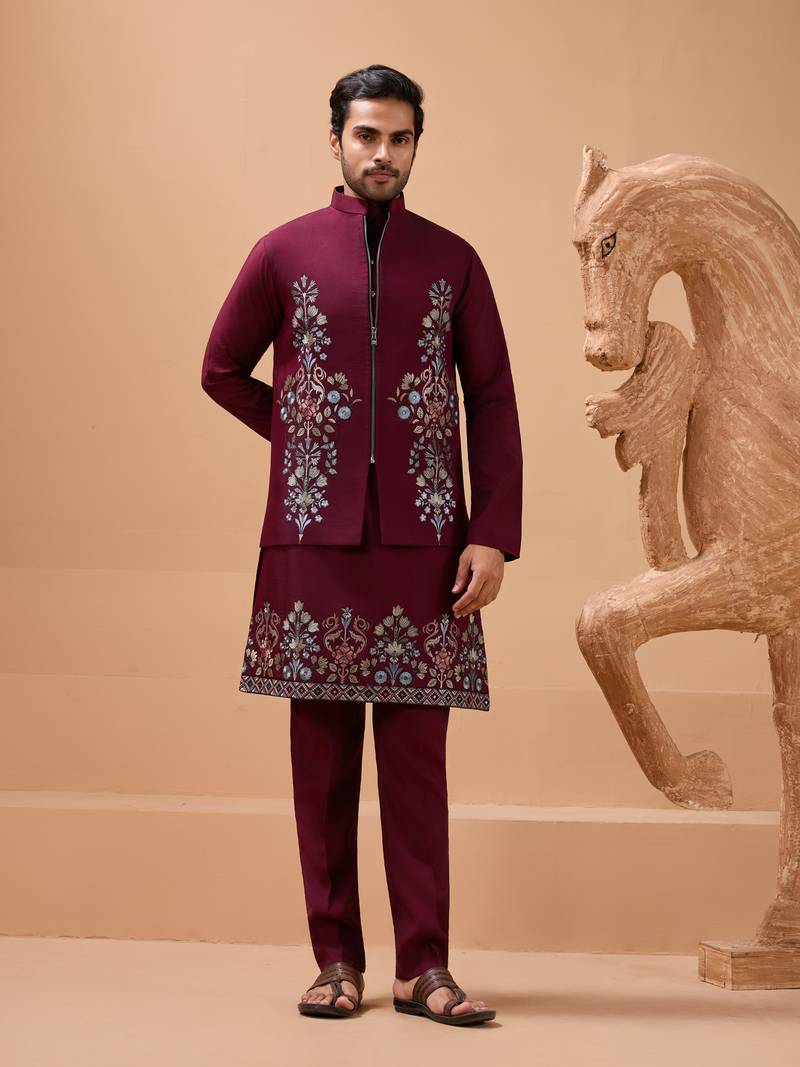 Maroon viscose silk premium thread with sequins embroidered work wedding festival party wear straight kurta with jacket
