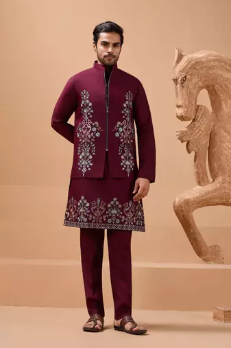 Maroon viscose silk premium thread with sequins embroidered work wedding festival party wear straight kurta with jacket