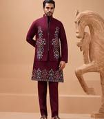 Maroon viscose silk premium thread with sequins embroidered work wedding festival party wear straight kurta with jacket