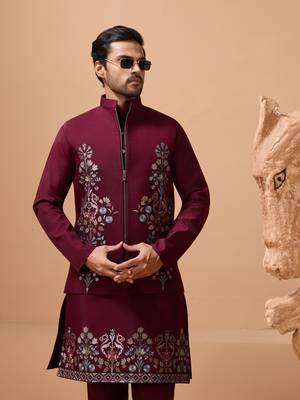 MAROON VISCOSE SILK PREMIUM THREAD WITH SEQUINS EMBROIDERED WORK WEDDING FESTIVAL PARTY WEAR STRAIGHT KURTA WITH JACKET 3