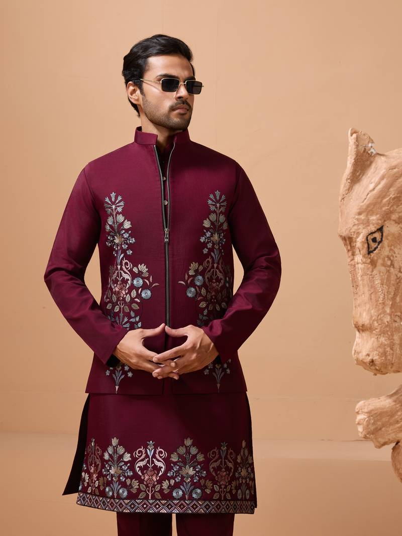 Maroon viscose silk premium thread with sequins embroidered work wedding festival party wear straight kurta with jacket