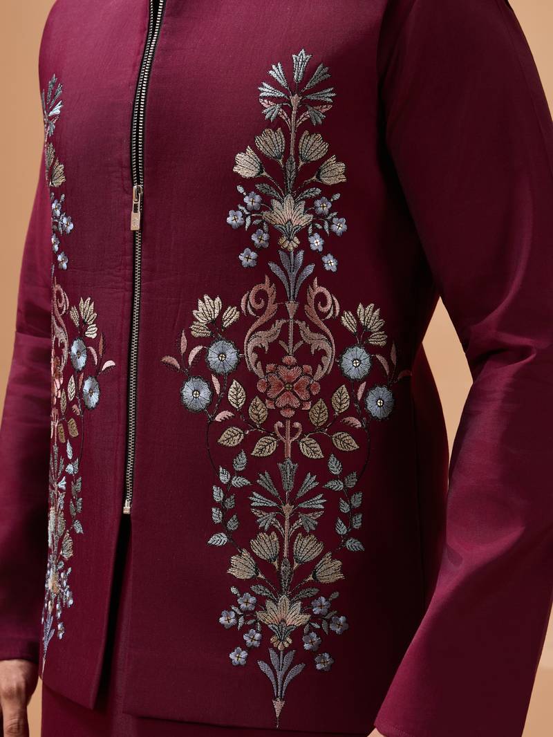 Maroon viscose silk premium thread with sequins embroidered work wedding festival party wear straight kurta with jacket