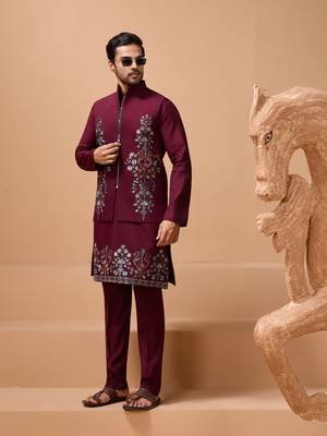 MAROON VISCOSE SILK PREMIUM THREAD WITH SEQUINS EMBROIDERED WORK WEDDING FESTIVAL PARTY WEAR STRAIGHT KURTA WITH JACKET 5