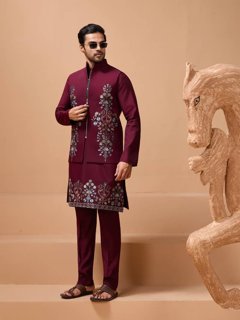 Maroon viscose silk premium thread with sequins embroidered work wedding festival party wear straight kurta with jacket