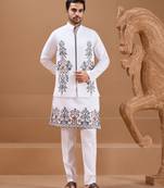 White viscose silk premium thread with sequins embroidered work wedding festival party wear straight kurta with jacket