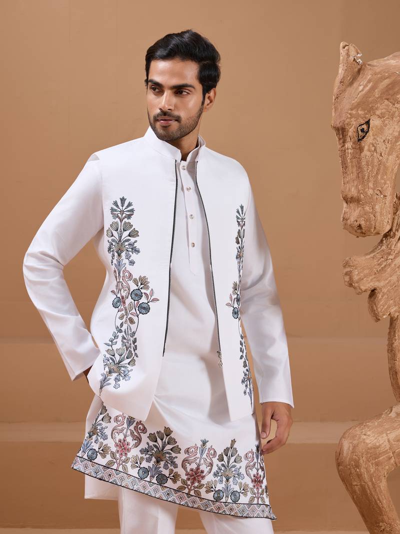White viscose silk premium thread with sequins embroidered work wedding festival party wear straight kurta with jacket