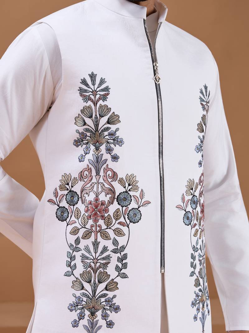 White viscose silk premium thread with sequins embroidered work wedding festival party wear straight kurta with jacket