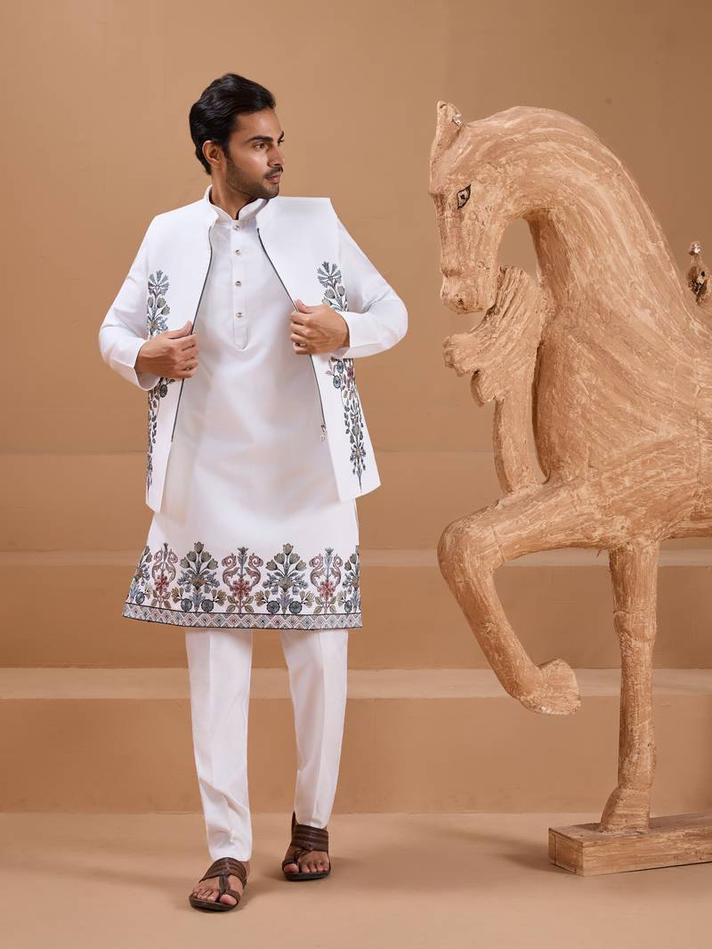White viscose silk premium thread with sequins embroidered work wedding festival party wear straight kurta with jacket