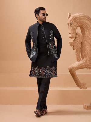 BLACK VISCOSE SILK PREMIUM THREAD WITH SEQUINS EMBROIDERED WORK WEDDING FESTIVAL PARTY WEAR STRAIGHT KURTA WITH JACKET 1