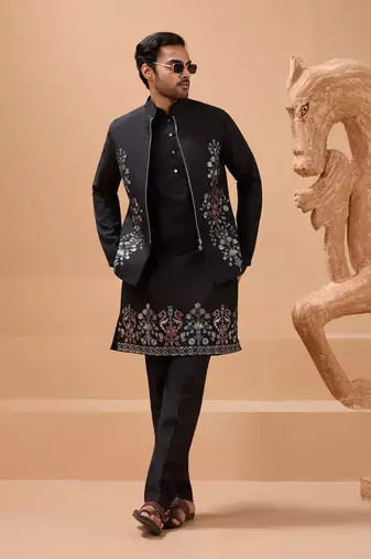 Black viscose silk premium thread with sequins embroidered work wedding festival party wear straight kurta with jacket