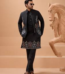 BLACK VISCOSE SILK PREMIUM THREAD WITH SEQUINS EMBROIDERED WORK WEDDING FESTIVAL PARTY WEAR STRAIGHT KURTA WITH JACKET