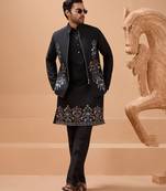 Black viscose silk premium thread with sequins embroidered work wedding festival party wear straight kurta with jacket