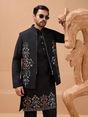 BLACK VISCOSE SILK PREMIUM THREAD WITH SEQUINS EMBROIDERED WORK WEDDING FESTIVAL PARTY WEAR STRAIGHT KURTA WITH JACKET 3