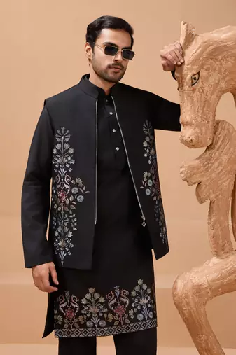 BLACK VISCOSE SILK PREMIUM THREAD WITH SEQUINS EMBROIDERED WORK WEDDING FESTIVAL PARTY WEAR STRAIGHT KURTA WITH JACKET