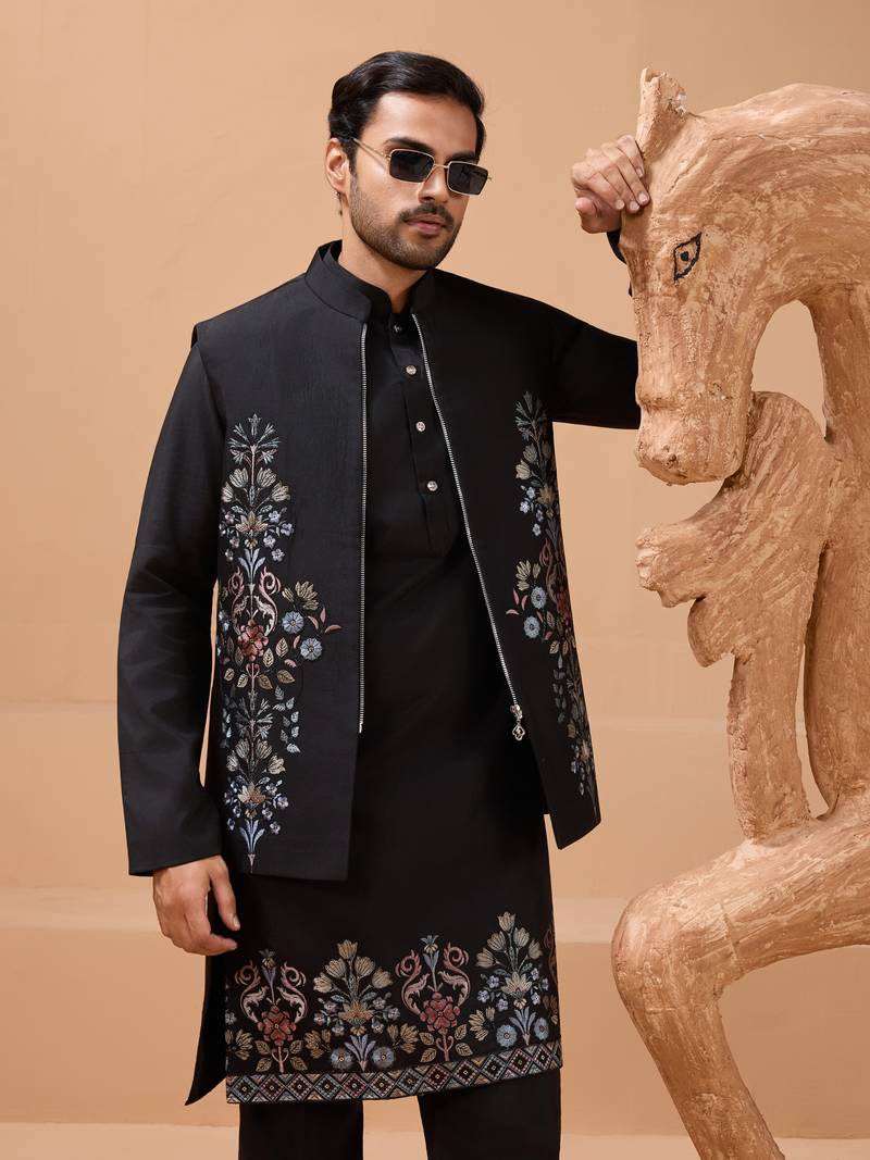 Black viscose silk premium thread with sequins embroidered work wedding festival party wear straight kurta with jacket