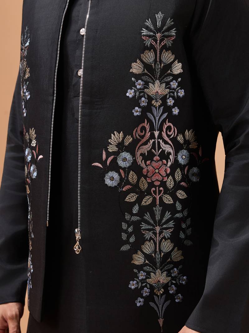 Black viscose silk premium thread with sequins embroidered work wedding festival party wear straight kurta with jacket