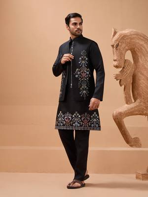 BLACK VISCOSE SILK PREMIUM THREAD WITH SEQUINS EMBROIDERED WORK WEDDING FESTIVAL PARTY WEAR STRAIGHT KURTA WITH JACKET 5