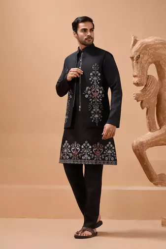 BLACK VISCOSE SILK PREMIUM THREAD WITH SEQUINS EMBROIDERED WORK WEDDING FESTIVAL PARTY WEAR STRAIGHT KURTA WITH JACKET