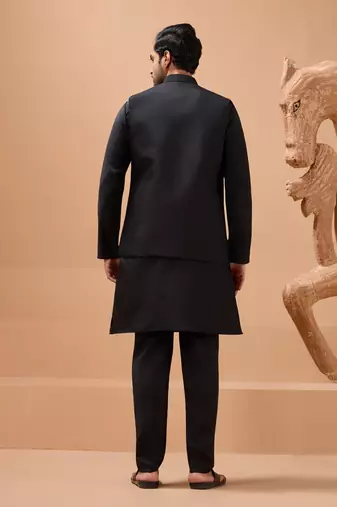 BLACK VISCOSE SILK PREMIUM THREAD WITH SEQUINS EMBROIDERED WORK WEDDING FESTIVAL PARTY WEAR STRAIGHT KURTA WITH JACKET