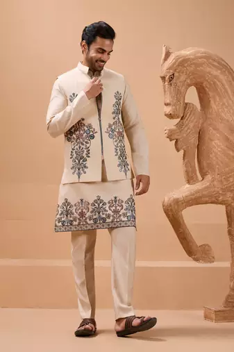 Beige viscose silk premium thread with sequins embroidered work wedding festival party wear straight kurta with jacket