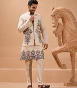 Beige viscose silk premium thread with sequins embroidered work wedding festival party wear straight kurta with jacket