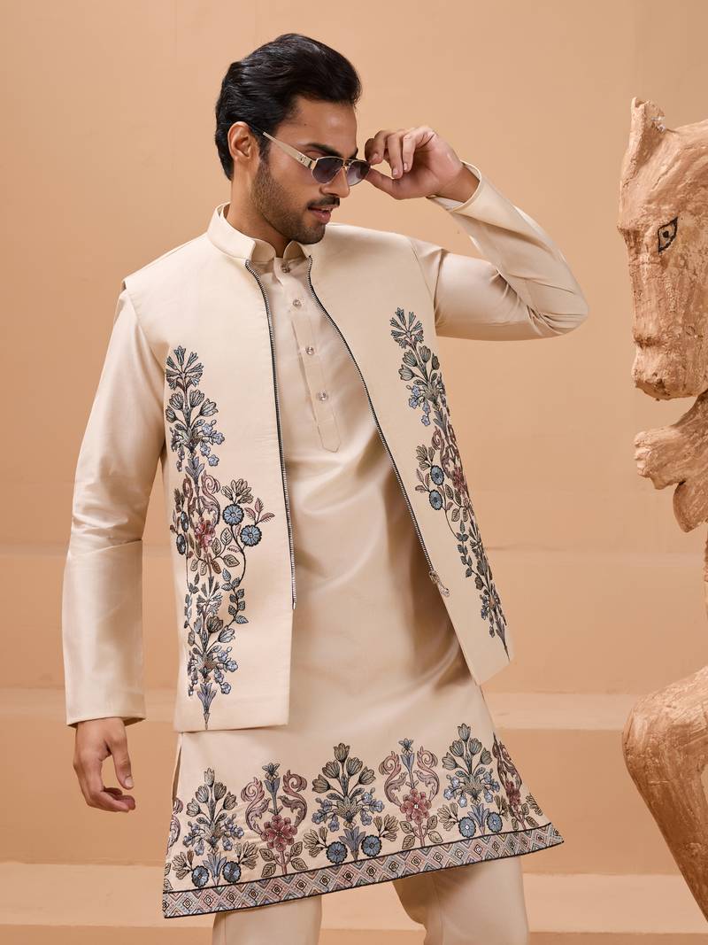 Beige viscose silk premium thread with sequins embroidered work wedding festival party wear straight kurta with jacket