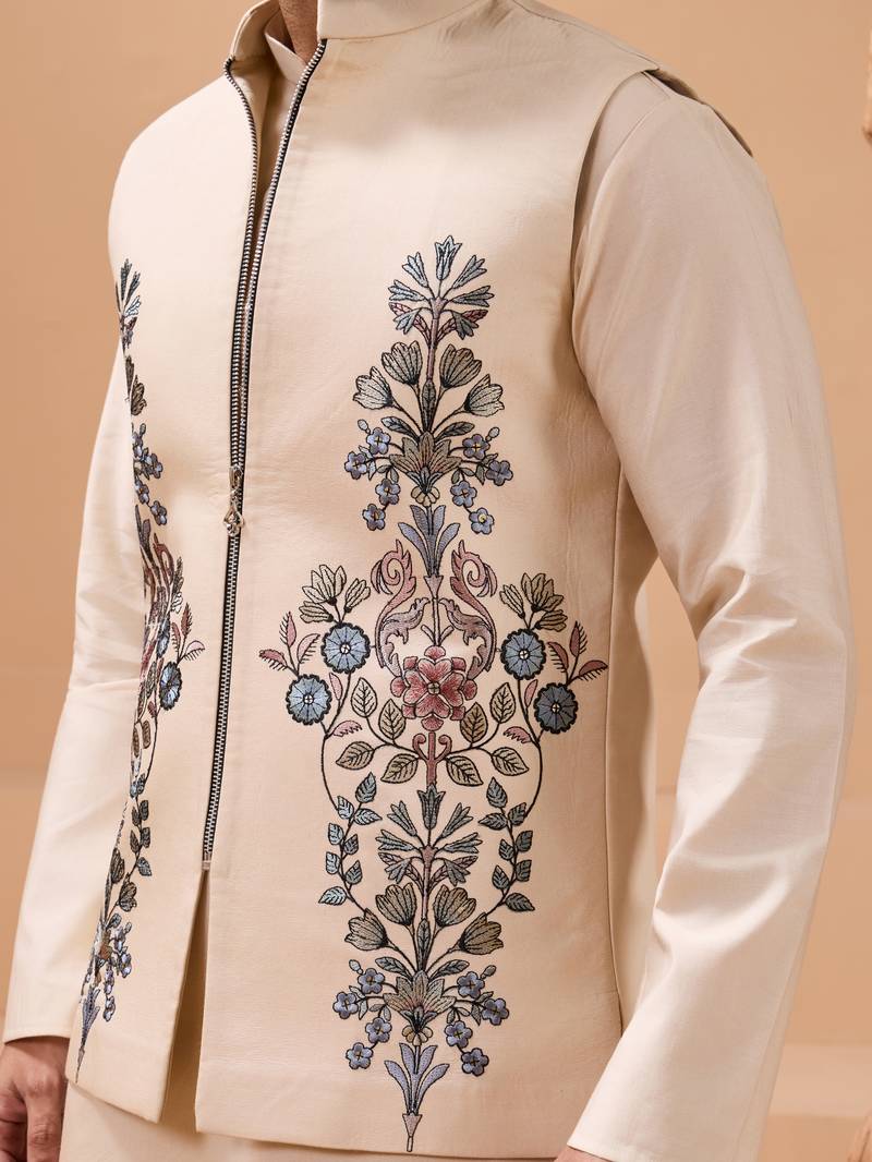 Beige viscose silk premium thread with sequins embroidered work wedding festival party wear straight kurta with jacket