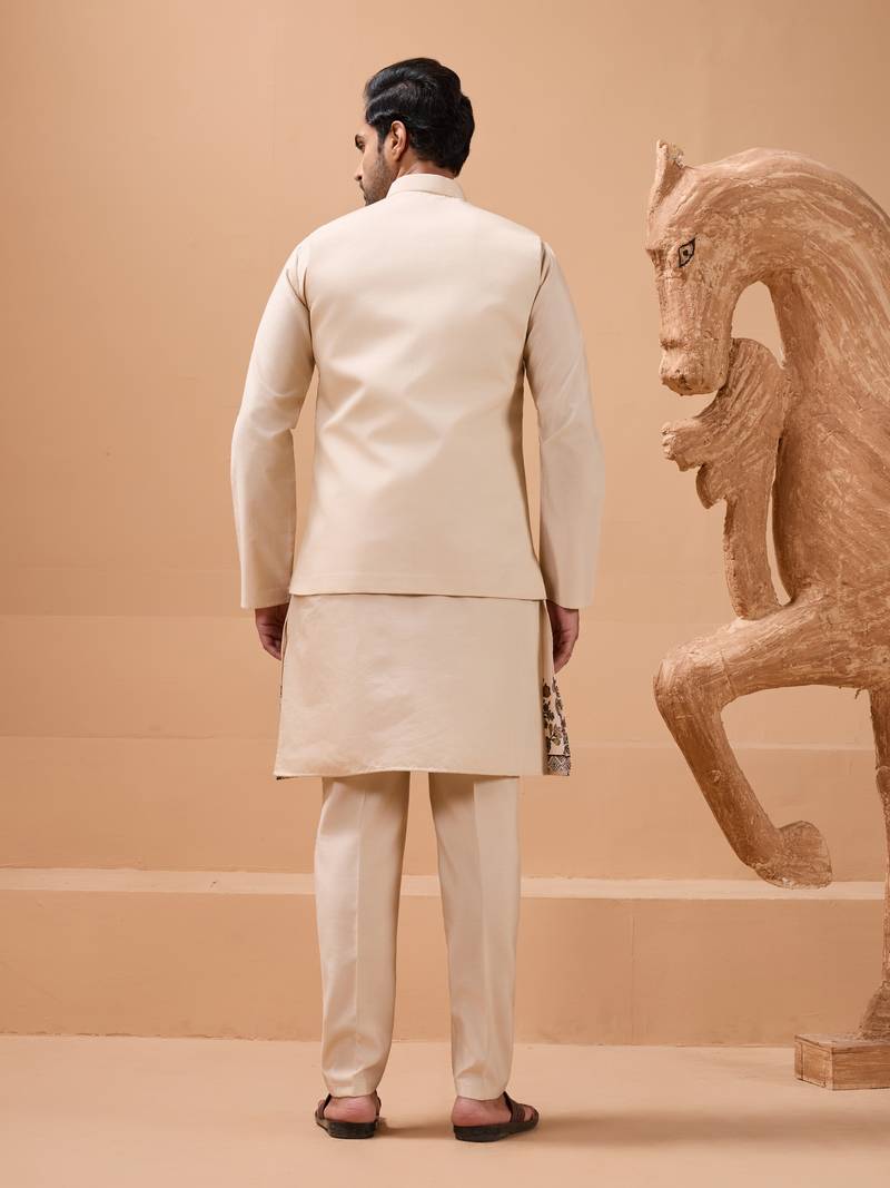 Beige viscose silk premium thread with sequins embroidered work wedding festival party wear straight kurta with jacket