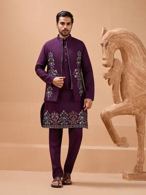 PURPLE VISCOSE SILK PREMIUM THREAD WITH SEQUINS EMBROIDERED WORK WEDDING FESTIVAL PARTY WEAR STRAIGHT KURTA WITH JACKET 1